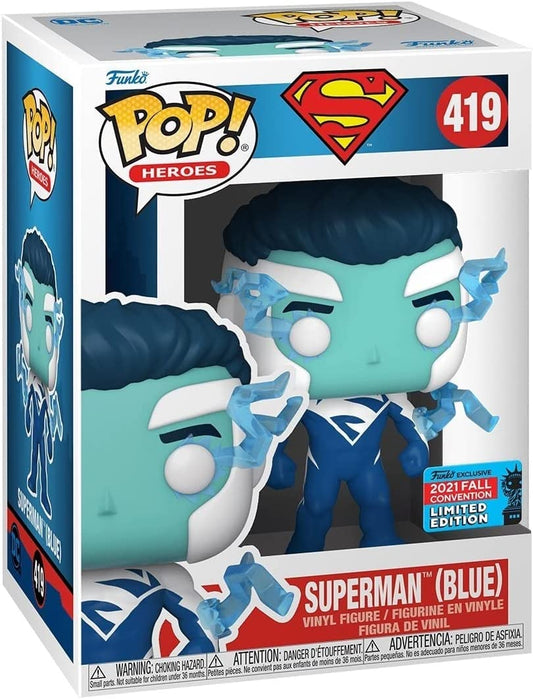 Funko Pop! DC Super Heroes #419 Superman (Blue) 2021 Fall Convention W/Protector